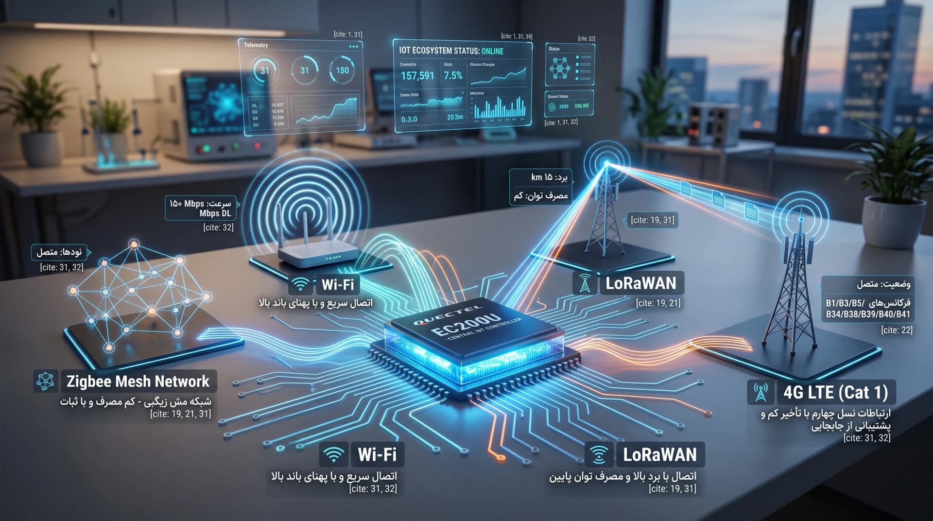 پروتکلهای ارتباطی در سیستمهای IoT (Zigbee، WiFi، LoRa، 4G و…)